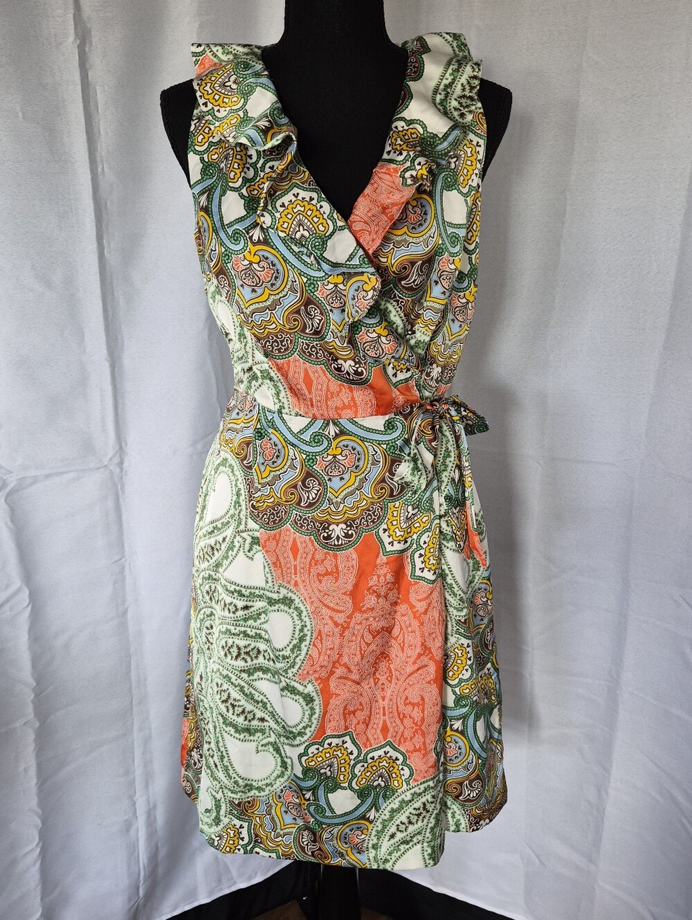 Tommy Hilfiger Coral, Green & Yellow Paisley Midi Wrap Dress Sz Small